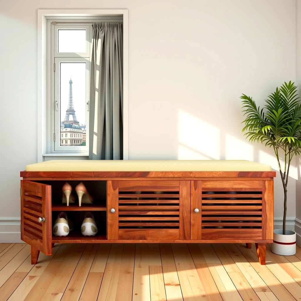 Avish Wood Solid Wood Shoe Cabinet for Living Room | Wooden Shoe Cabinet with Cushion Seat for Home (Honey Finish)-image-41