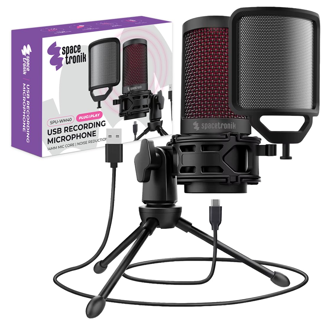 Spacetronik USB Gaming Mikrofon PC, Kondensator Mikrofon LED | Tap-to-Mute, Pop-Filter & Stoßdämpfer, Plug & Play für Streaming, Podcast, Discord, PS4 PS5, Mac