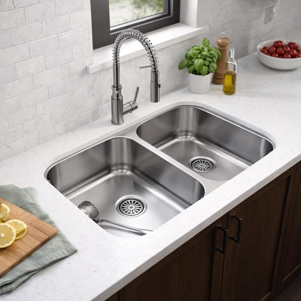 Cata Fregadero Cocina Bajo Encimera 2 Senos CB-2 /B Cuadrado, 79x46 cm, Profundidad 20 cm, Fonoabsorbente, Accesorios Incluidos, Instalación en Mueble de 90 cm, Acero Inoxidable Gris