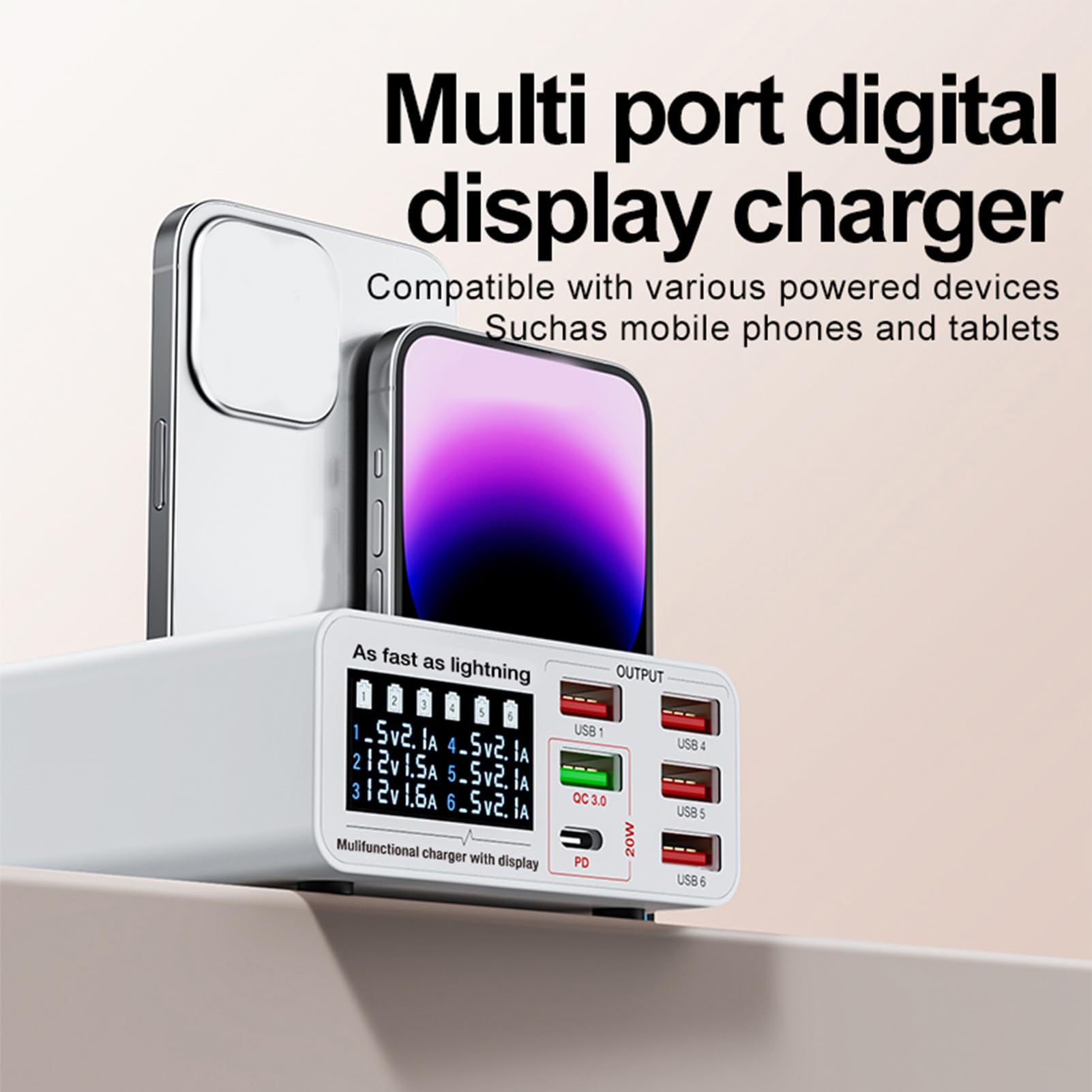 Sxhlseller Stazione di Ricarica USB da 40 W a 6 Porte, Hub di Alimentazione da Tavolo con Display LCD Intelligente |Adattatore Caricabatterie Rapido QC 3.0 PD Tipo C per Tablet e (Spina europea)