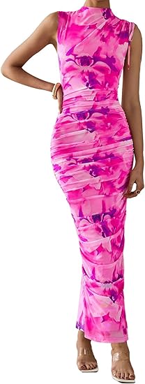 PRETTYGARDEN Women's Summer Maxi Floral Dresses Ruched Bodycon Sleeveless Mesh Formal Wedding Guest Cocktail Split Long Dress