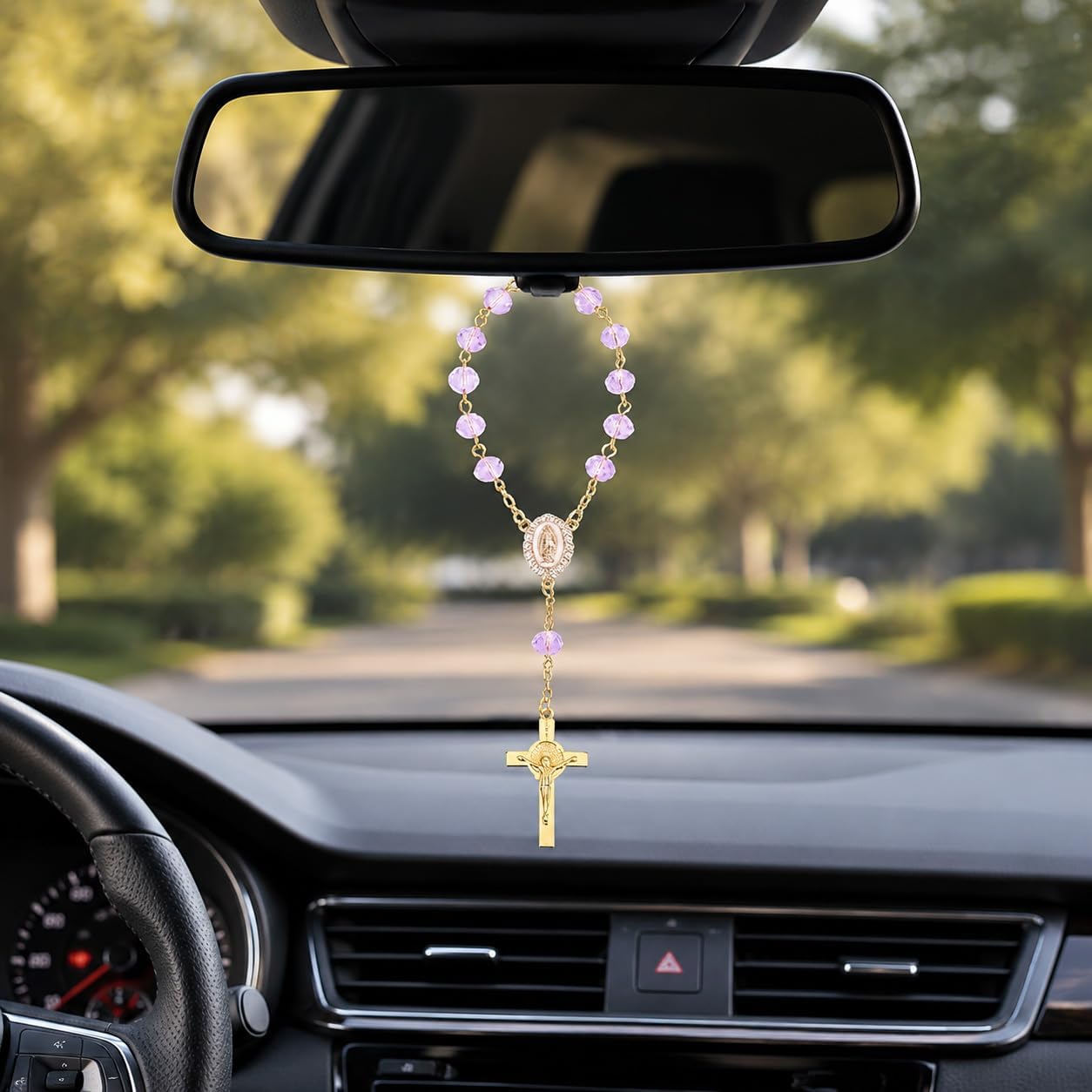 2PCS Car Rosary for Rearview Mirror,Purple Car Rosary with Cross Pendant Charm Ornament,Religious Ornament for Vehicle,Stylish Catholic Rear View Accessories for Wedding Favor Protective for Driving