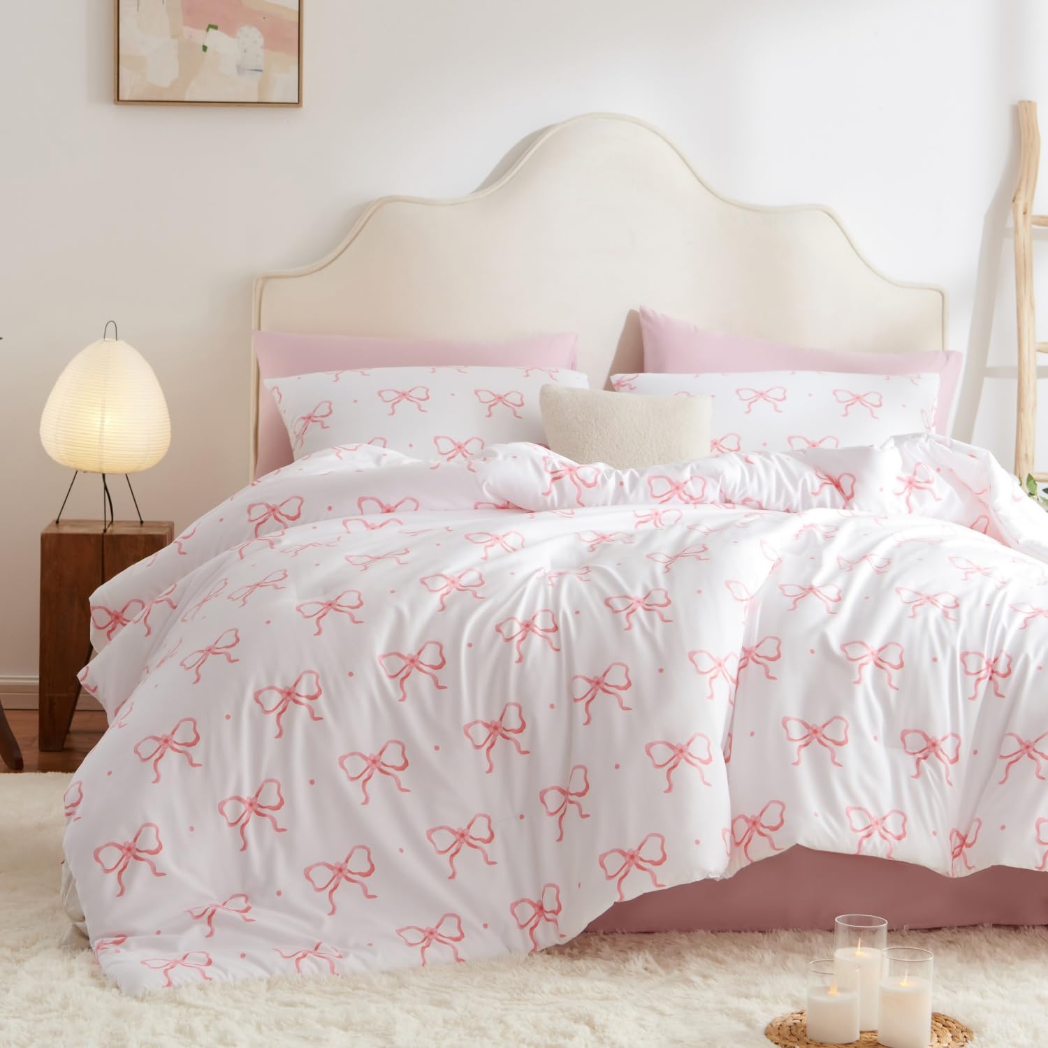 Covebett Bettwäsche 135x200 Mädchen Weiß mit Rosa Schleifen Aesthetic Bettbezug Set 2teilig Kawaii Pink Schleifenmuster Renforcé Microfaser Deckenbezug Reißverschluss und Kissenbezug 40x80cm