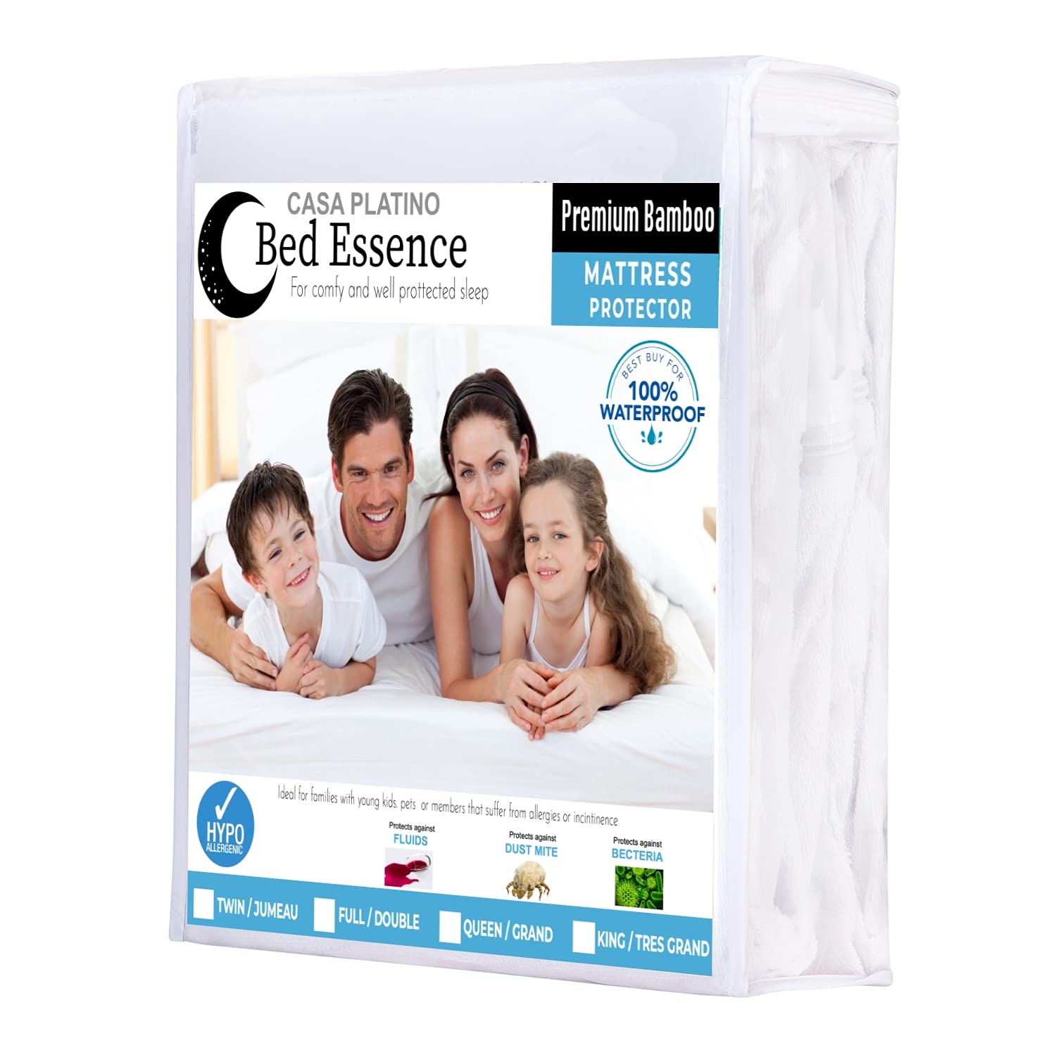 Casa Platino Waterproof Mattress Protector Twin Size – Soft, Breathable & Cooling Bamboo Terry – Noiseless & Leak-Proof Twin Mattress Cover for Bed – Deep Pockets fit up to 20” Mattress - White