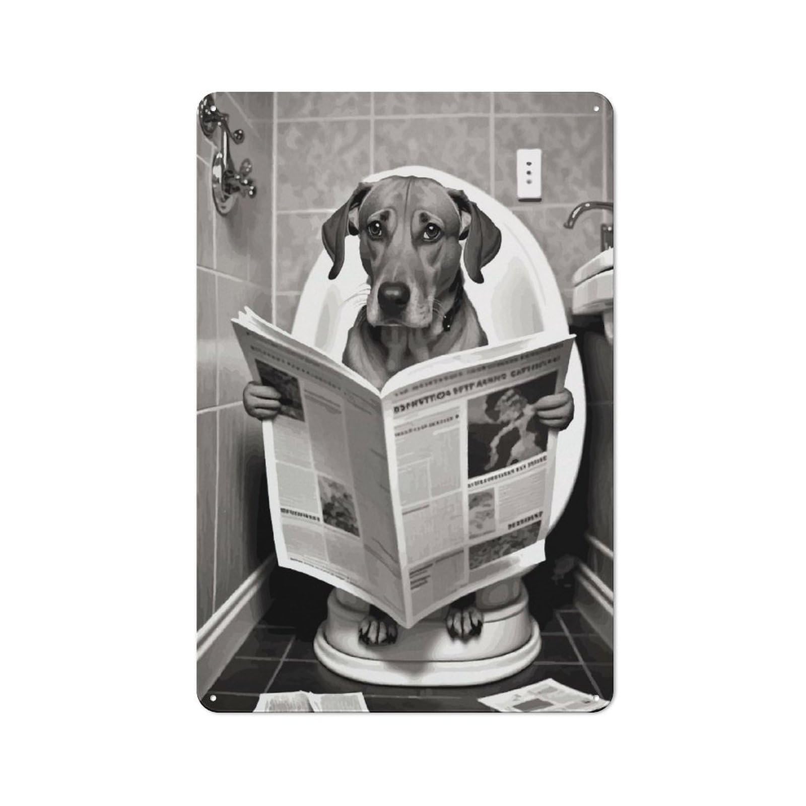 Dog Reading Newspaper on Toilet Rustic Metal Sign 30x20cm for Workshop Wall, for Collectors of Rustic Metal Wall Decor