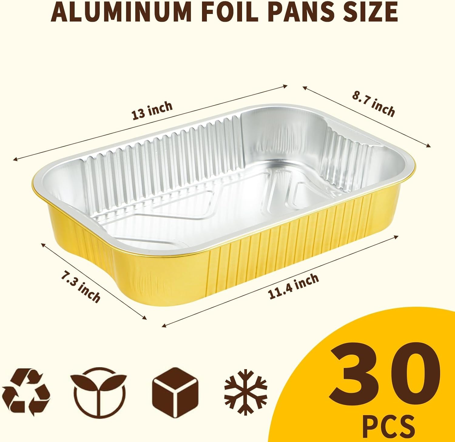 Paquete de 30 sartenes de papel de aluminio de 9 x 13 pulgadas con tapas, tamaño medio, extra resistentes, de papel de aluminio dorado, contenedor de alimentos de doble grosor con tapas para