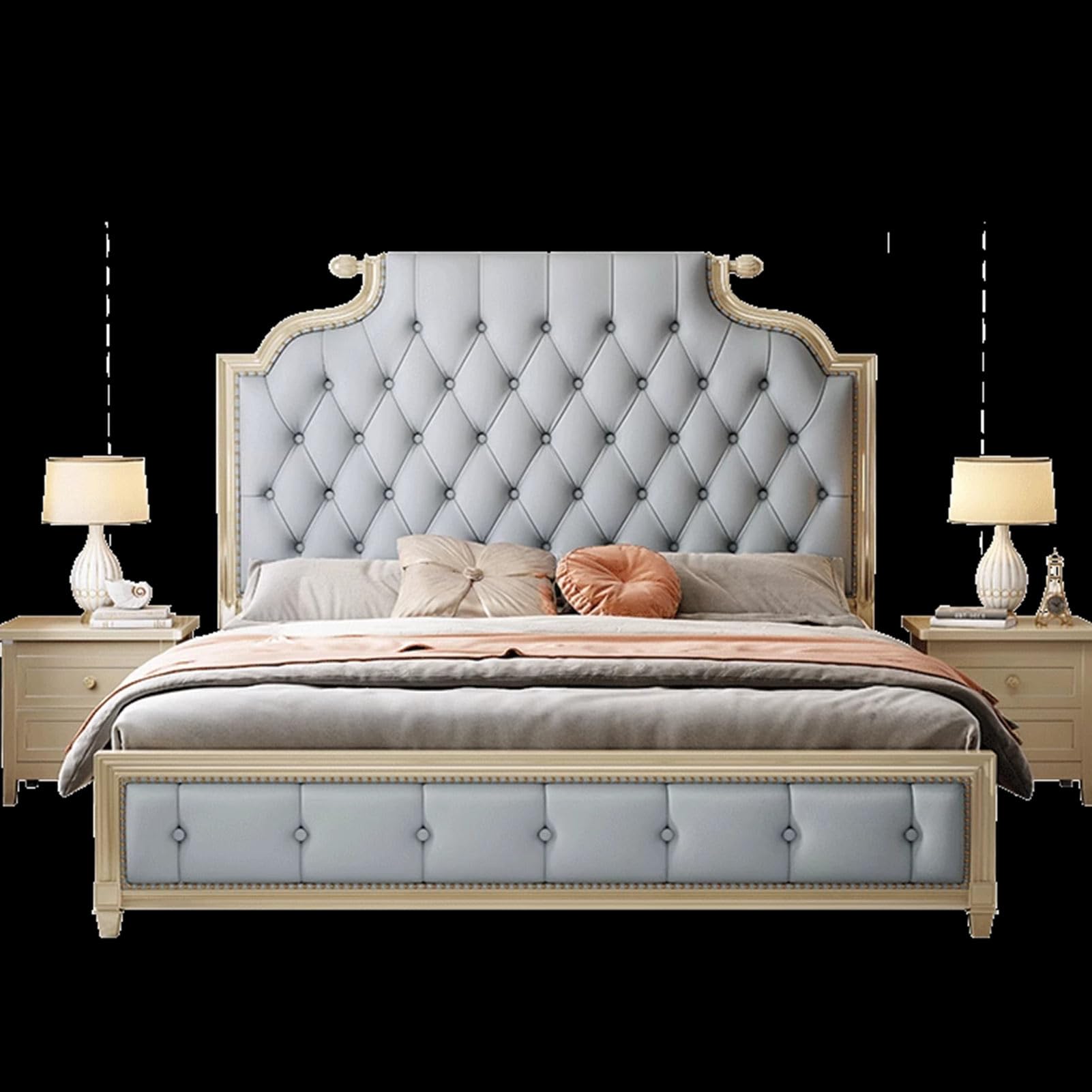 Mid-Century King Size Genuine Leather Wood Bed Upholstered Platform Bed Frame with Headboard and Lift Up Storage Strong