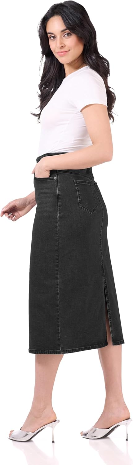 Rekucci Women's Secret Figure Stretch Denim Midi Skirt – Mid-Rise Jean Skirt with 5 Pockets & Back Vent - Image 2