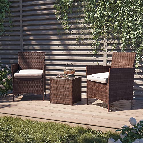 Belleze 3 Piece Patio Furniture Outdoor Wicker Rattan Outdoor Patio Set Clearancetempered Glass Square Bistro Table Chairs With Armrests Removable Cushions Table For Porch Lawn Garden Backyard-Brown #TOP5