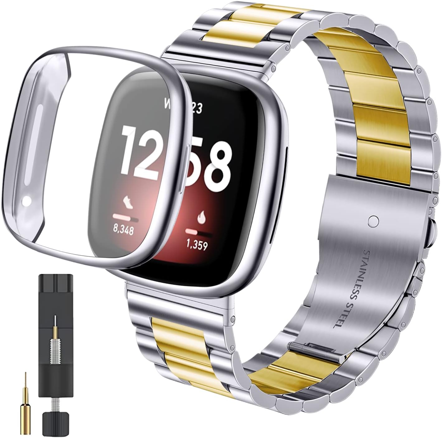 ZPJPPLX for Fitbit Versa 4/Sense 2 Solid Stainless Steel Wrist Band with Watch Case,for Versa 3/Sense Metal Replacement Straps and Screen Protection Case for Women Men