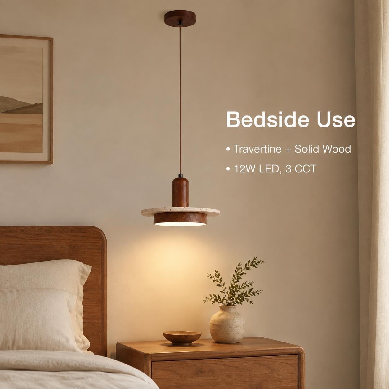 Lampada a sospensione a disco in noce, droplight in travertino, 12W 3colori