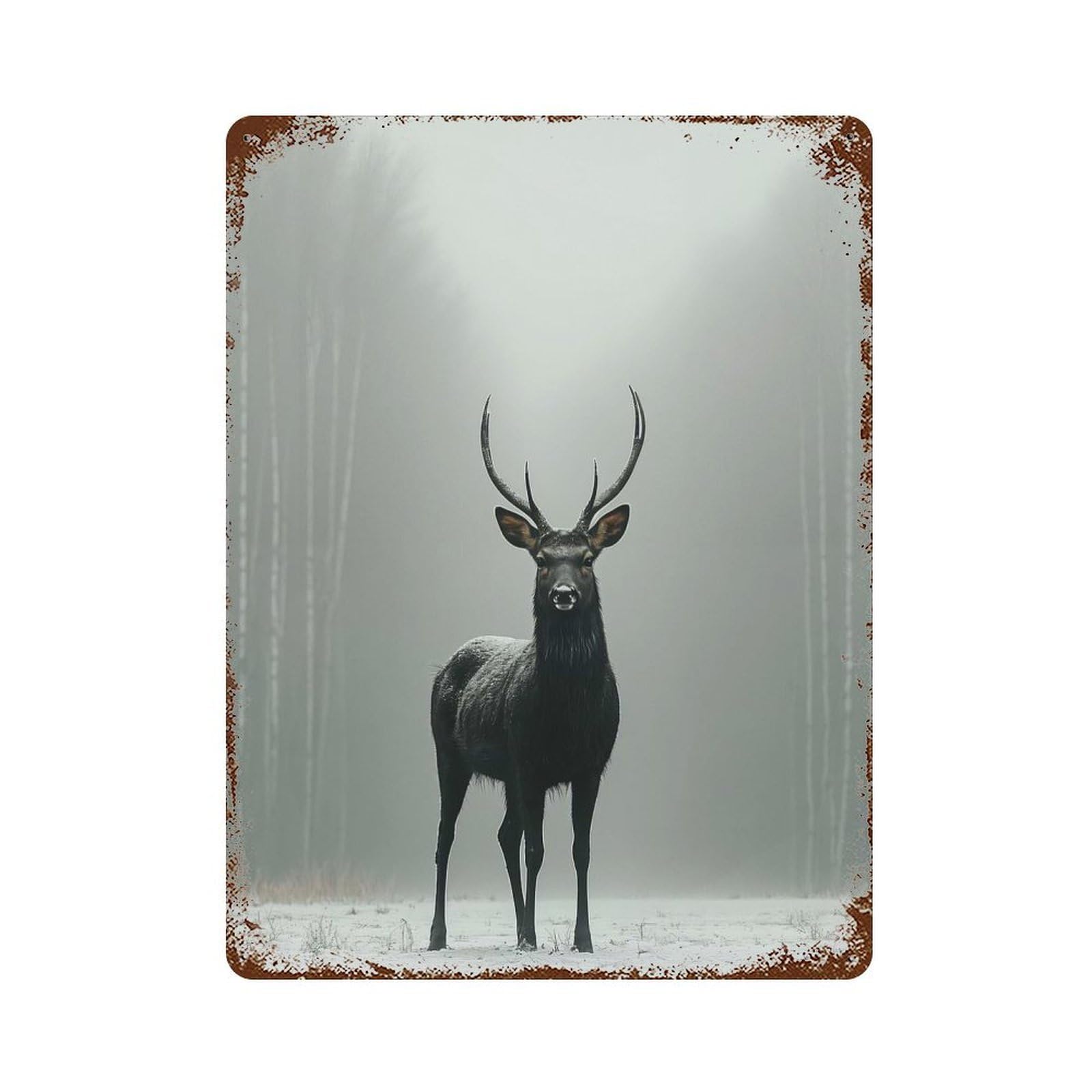Majestic Deer in Winter Fog 15.7"x11.8" Weathered Tin Sign, Shabby Chic Decor for Farmhouse, Kitchen And Entryway Decor