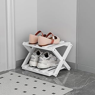 Zapatero vertical de madera de 2 niveles, almacenamiento plegable estrecho para entrada, armario, pasillo y sala de estar, estante independiente que ahorra espacio en color blanco