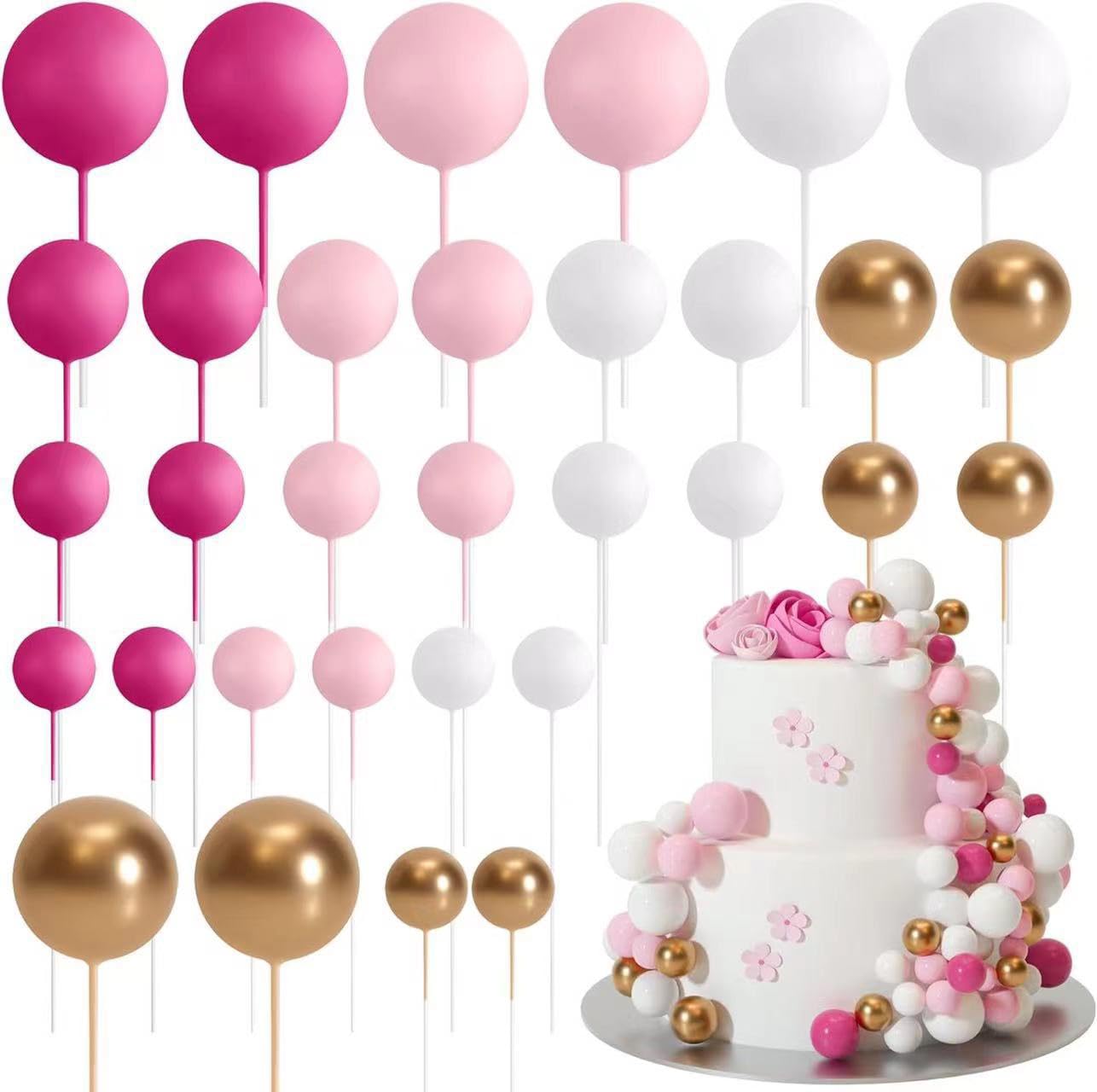 32PCS Balls Cake Topper Picks Balloons Cupcake Topper DIY Cake Decor Foam Balls Baking Decoration for Wedding Anniversary Birthday Supplies (Pink,