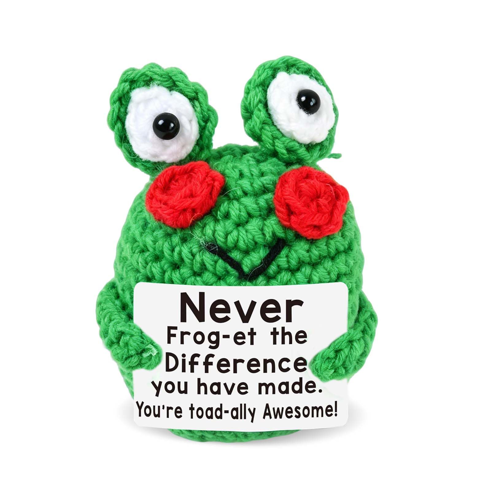 Merzio Women's Green Handmade Emotional Support Crochet Positive Frog With Inspirational Card, Cute Knitted Desk Decor Gifts For Men, Good Luck Charm Present For Birthday, Valentines Day, Coworker Appreciation