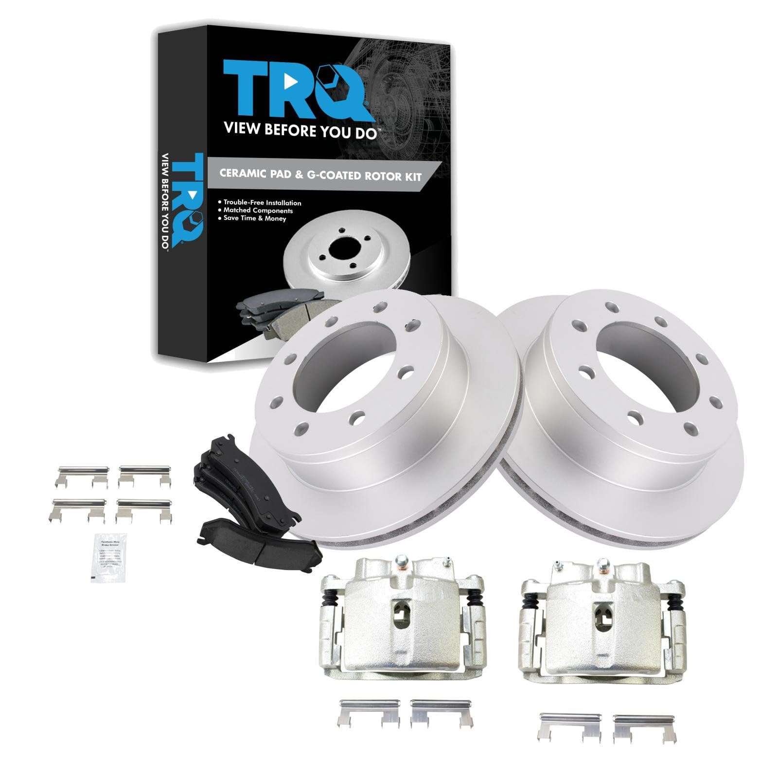 TRQ Rear Brake Pad, Caliper, &amp; Rotor Kit Ceramic Vented Premium G-Coated Compatible with 2002-2006 Chevrolet Avalanche 2500 2001-2013 Suburban 2500 GMC Yukon XL 2500
