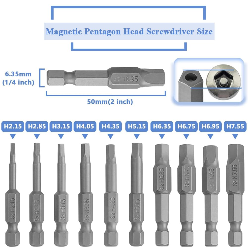 10x Pentagon-Schraubendreher-Bits – Magnetisch, S2-Stahl, 1/4 Zoll, 5 Größen