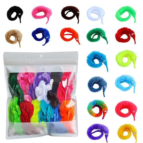Comonc 100 Pcs Magic Twisty Worm Wiggly Twisty Fuzzy Worms on a String Magic Worm Toys for Party Supplies,Random Colors