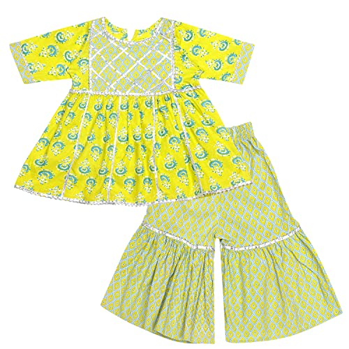 Image of superminis Baby Girl's Cotton Sanganeri /Floral Printed Frock Style Kurti With Printed Sharara Dress Clothing Set