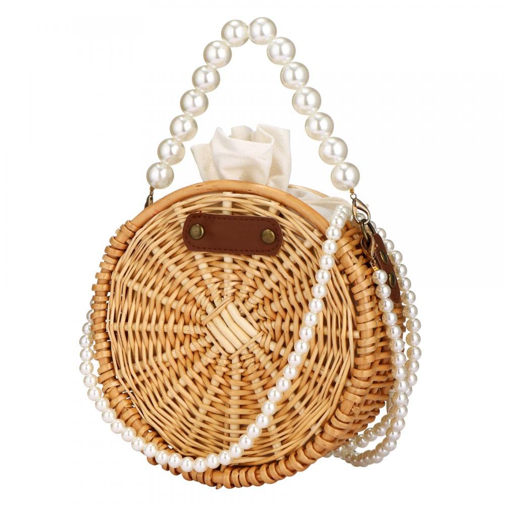 Beach Bag Purse for Women, Natural Hand-woven Rectangular Wicker Handbag, Pearl Basket Purse, Retro Summer Straw Tote Bag (Round)