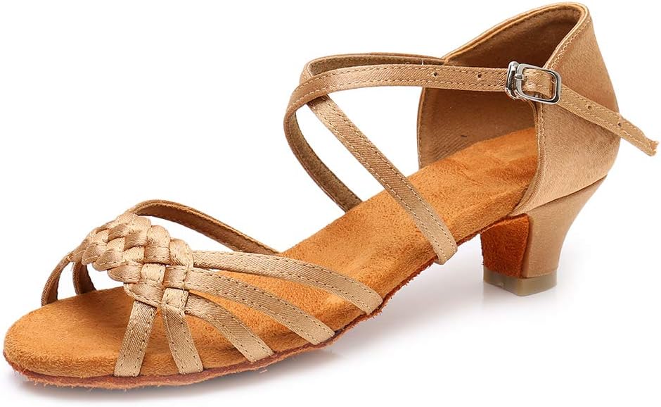 YKXLM Girls Latin Dance Shoes Kids Low Heels Tango Salsa Ballroom Practice Dance Shoes, 1208,Beige,12.5 M Little Kid