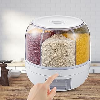 DYRABREST 6-Grid Cereal Dispenser 360Â° Rotating Food Storage Container 10kg/22 lbs Large Capacity Kitchen Food Dispenser Countertop Rice Bucket with Lid for Lentils, Rice, Beans, Dry Food