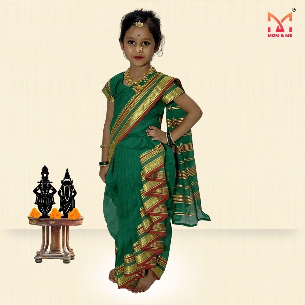 Mom and Me Girls' Ready-to-Wear Mastani Nauwari Saree with Stitched Blouse | Traditional Maharashtrian Ilkal Border | Soft Acrylic Cotton | Age 12 Months to 15 Years (Green, 8-9 Years) - Image 6 thumbnail