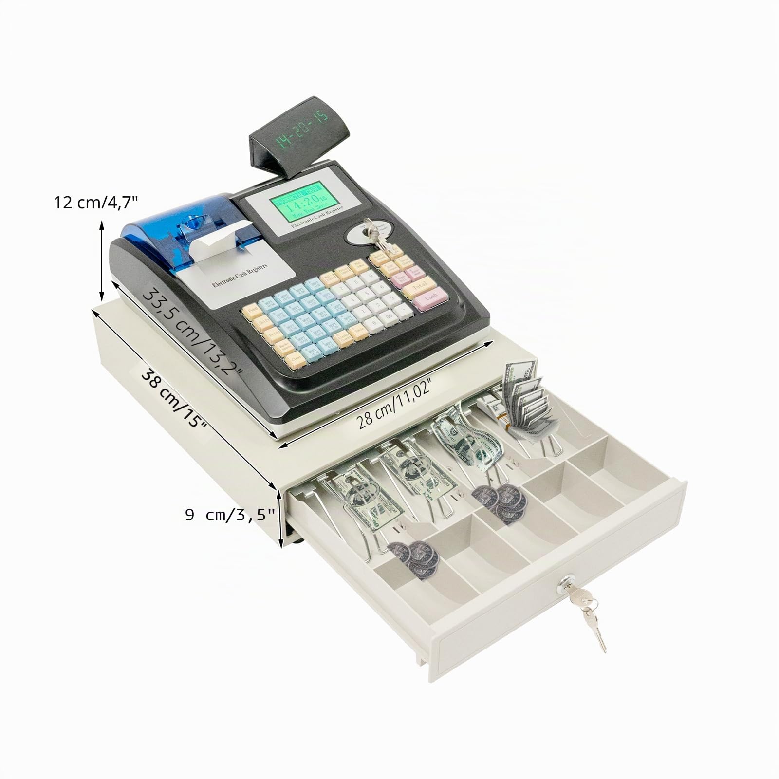 Elektrische Registrierkasse, LED Display 48 Tasten Registrierkasse, 100-240V Registrierkasse mit 36 Abteilungen, Registrierkassen für Einzelhändler, Lebensmittelmärkte, Metzgereien, Supermärkte