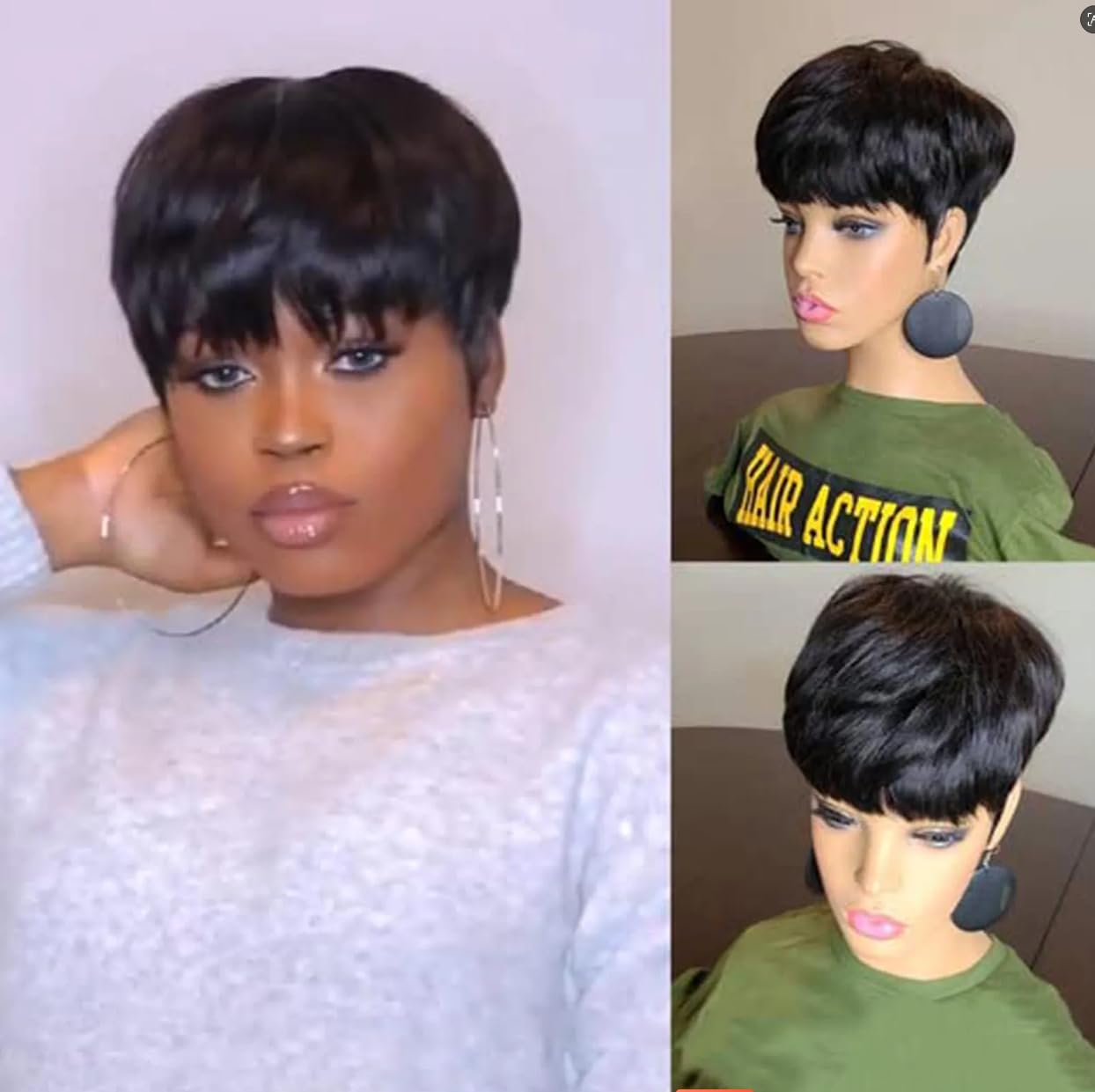 FCHW Short Hairstyles Pixie Cut Hair Wig For Women Popular Fashion Wigs Synthetic Short Hair Wig with Bang (Black)