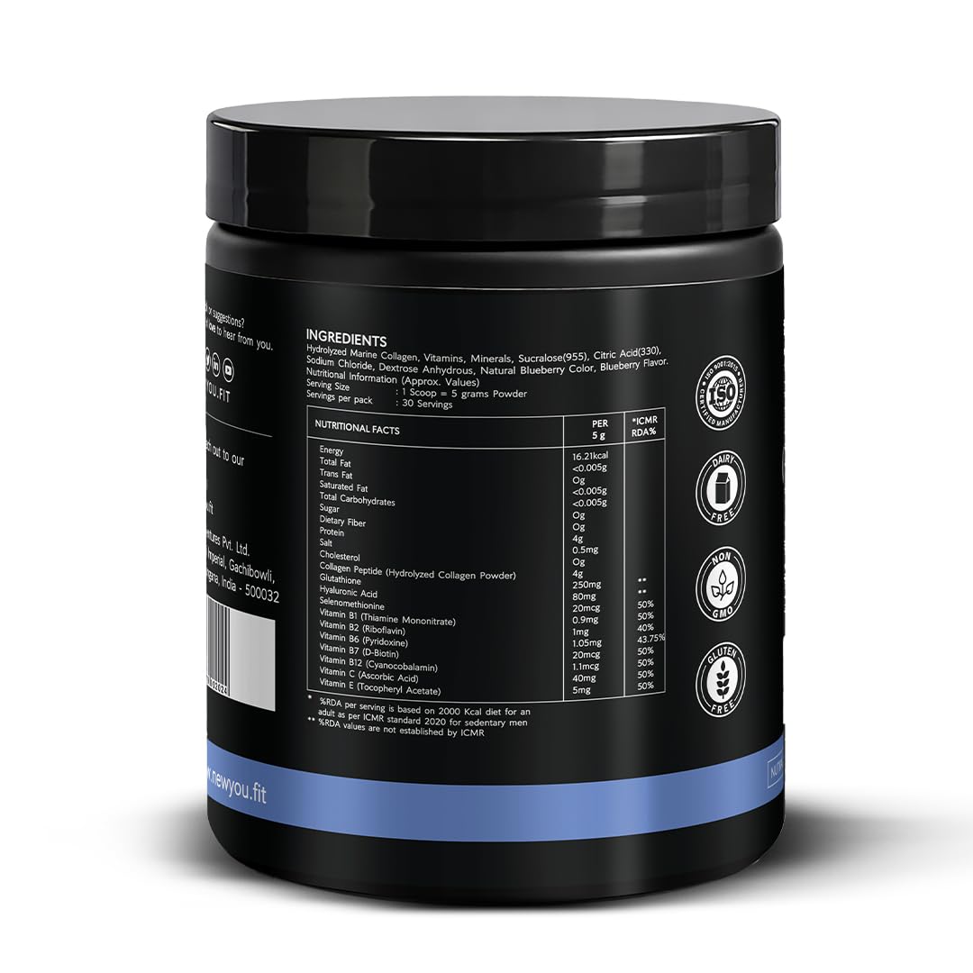 NewYou Collagen Glow Marine Collagen Peptides Powder | Type I & III | Skin, Hair & Nails Support | For Women & Men | With Glutathione, Biotin, Hyaluronic Acid & Vitamins C, E & B Complex | Blueberry Flavour | 150g — Amazon image 7