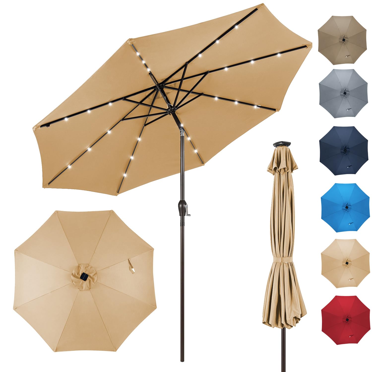 RELAX4LIFE Parasol Inclinable LED Dia.3M avec Éclairage Solaire, 8 Baleines, Inclinaison Réglables Parasol de Jardin Extérieur pour Balcon Terrasse Patio Café Bistro (Beige, Φ300x250cm)