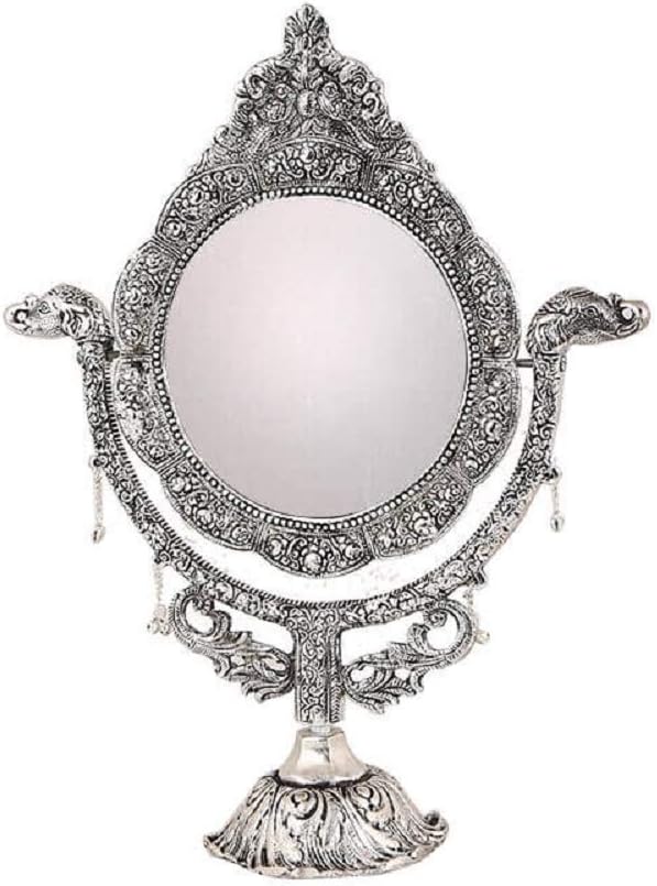 Tjori Silver Polished Elephant Motif Table Mirror