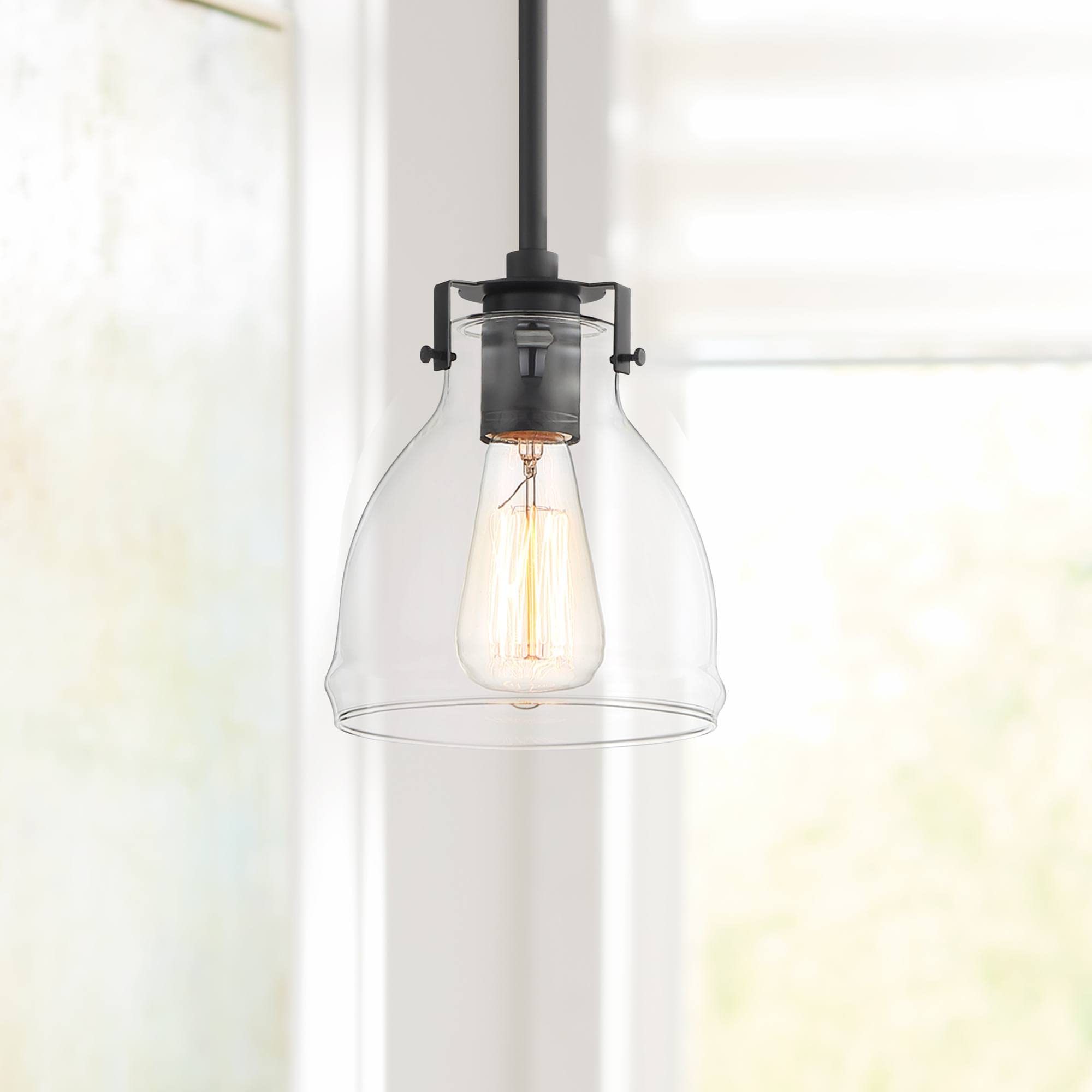Possini Euro Design Bellis Black Mini Pendant Lighting 6" Wide Farmhouse Industrial Rustic Clear Glass Bell Shade Fixture for Dining Room Living House