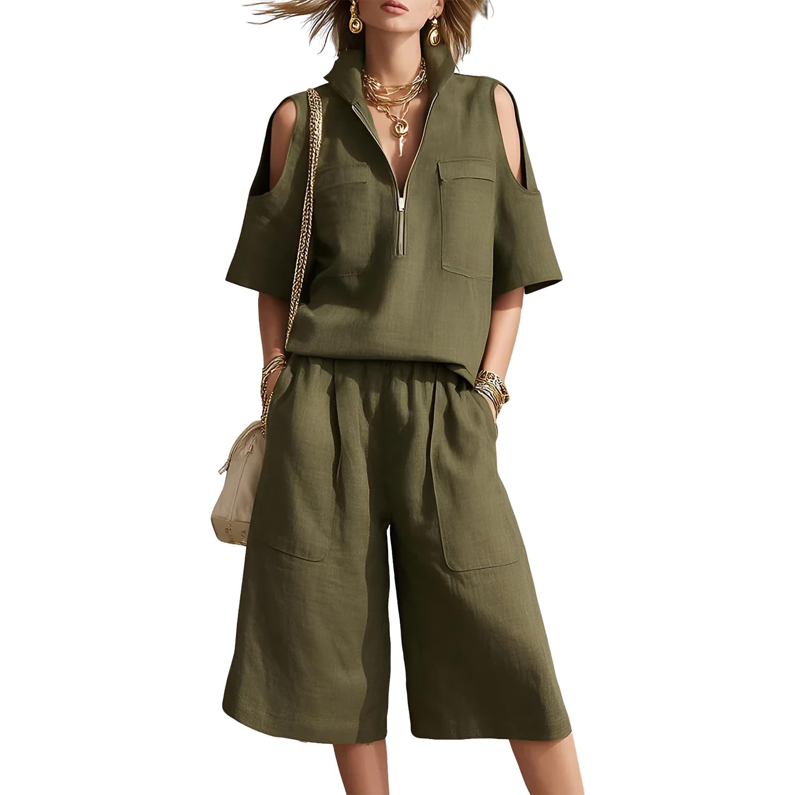amropi Conjunto de Verano Mujer 2 Piezas Chándal Cremallera Hombros Descubiertos Camisa de manga Corta Top y Pantalones 3/4 de Pierna Ancha