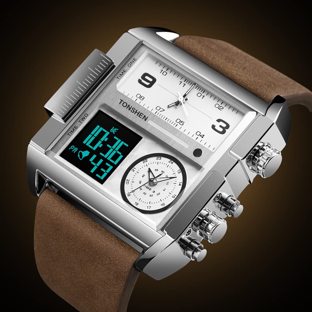 TONSHEN Moda męska cyfrowy zegarek ze stali nierdzewnej ze skórzanym paskiem outdoorowy wojskowy wielofunkcyjny LED elektroniczny analogowy kwarcowy trzykrotne zegarki sportowe duża prostokątna tarcza, srebrny 3, pasek