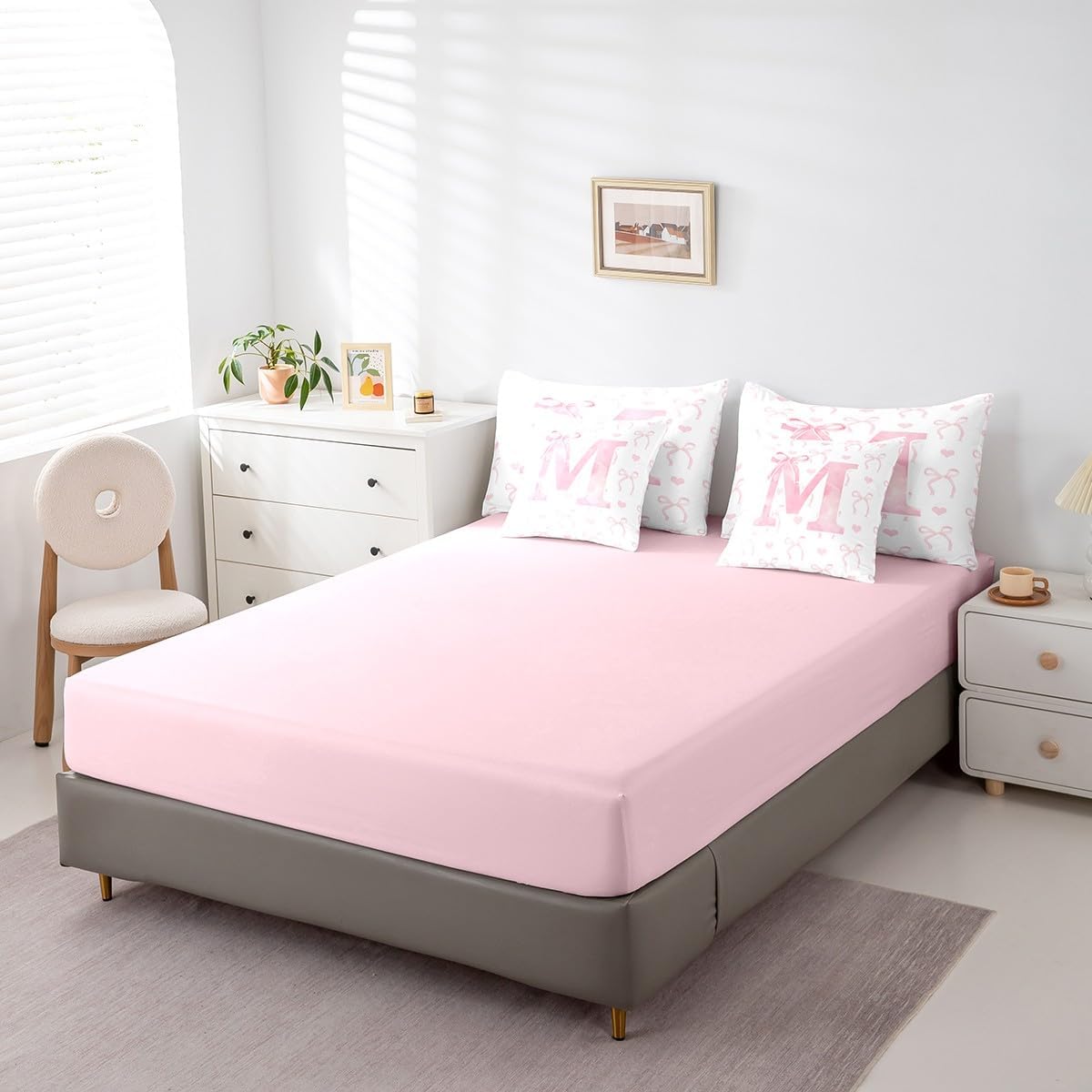 Cartoon Bows Twin Size Comforter Set With Sheets, Kawaii Pink Bow Bed In A Bag For Girls Princess Room Decor, Girly Initial Letter M Bow 7 Pcs Bedding Set, Cute Love Heart Bedding Comforter Sets