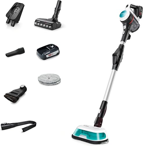 Bosch Unlimited 7 ProHygienic Aqua Cordless Vacuum Cleaner and Mop, White | 40 Minutes Runtime, 1 x Battery, Vacuum & Mop head,Flex Tube, For Carpets & Hard Floors, 4 Accessories & Docking Station