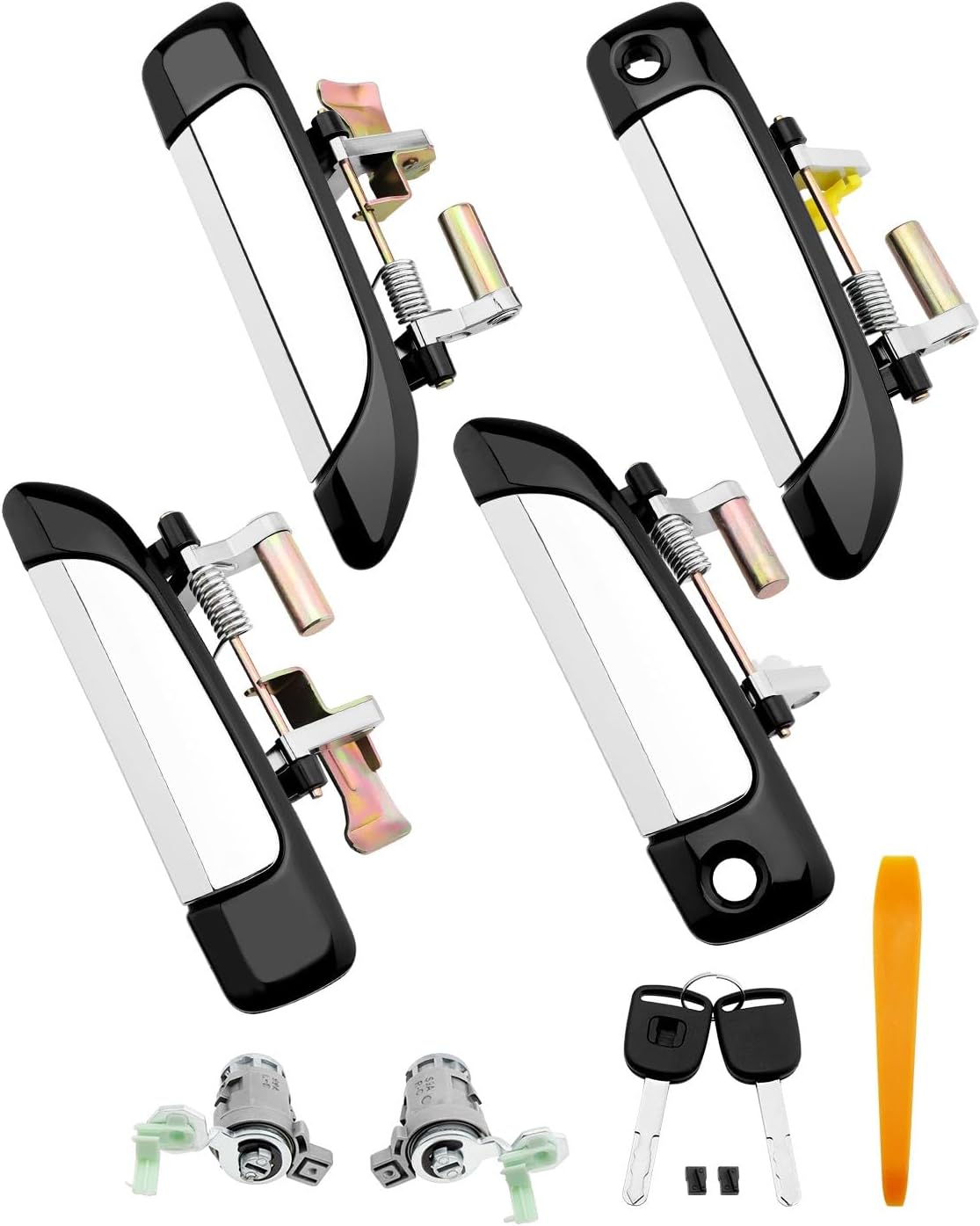 Outside Door Handles w/ Lock Cylinder & Key, Compatible with 2001-2005 Honda Civic, Exterior Front & Rear Left Driver & Right Passenger Side Door Handle Set w/ Chrome Lever, Replace# 72680S5DA0, 4PCS