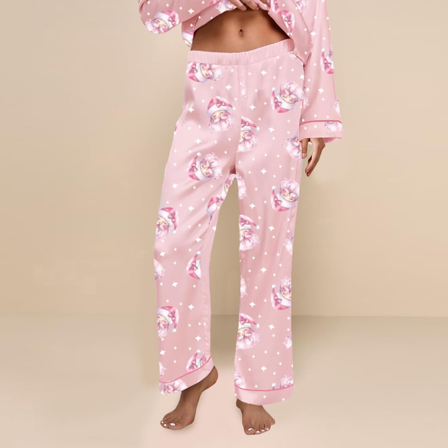 Aopwsrlyi Christmas Pajamas for Women Satin Silk Lounge Set Long Sleeve Button Down Shirt Pants Set 2 Piece Pjs Set - Image 3