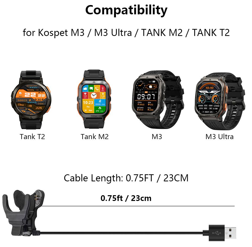 [2 Pack] Charger Compatible with Kospet M3 / M3 Ultra/Tank M2 / Tank T2, 0.75FT Smart Watch Replacement USB Charging Cable Cord