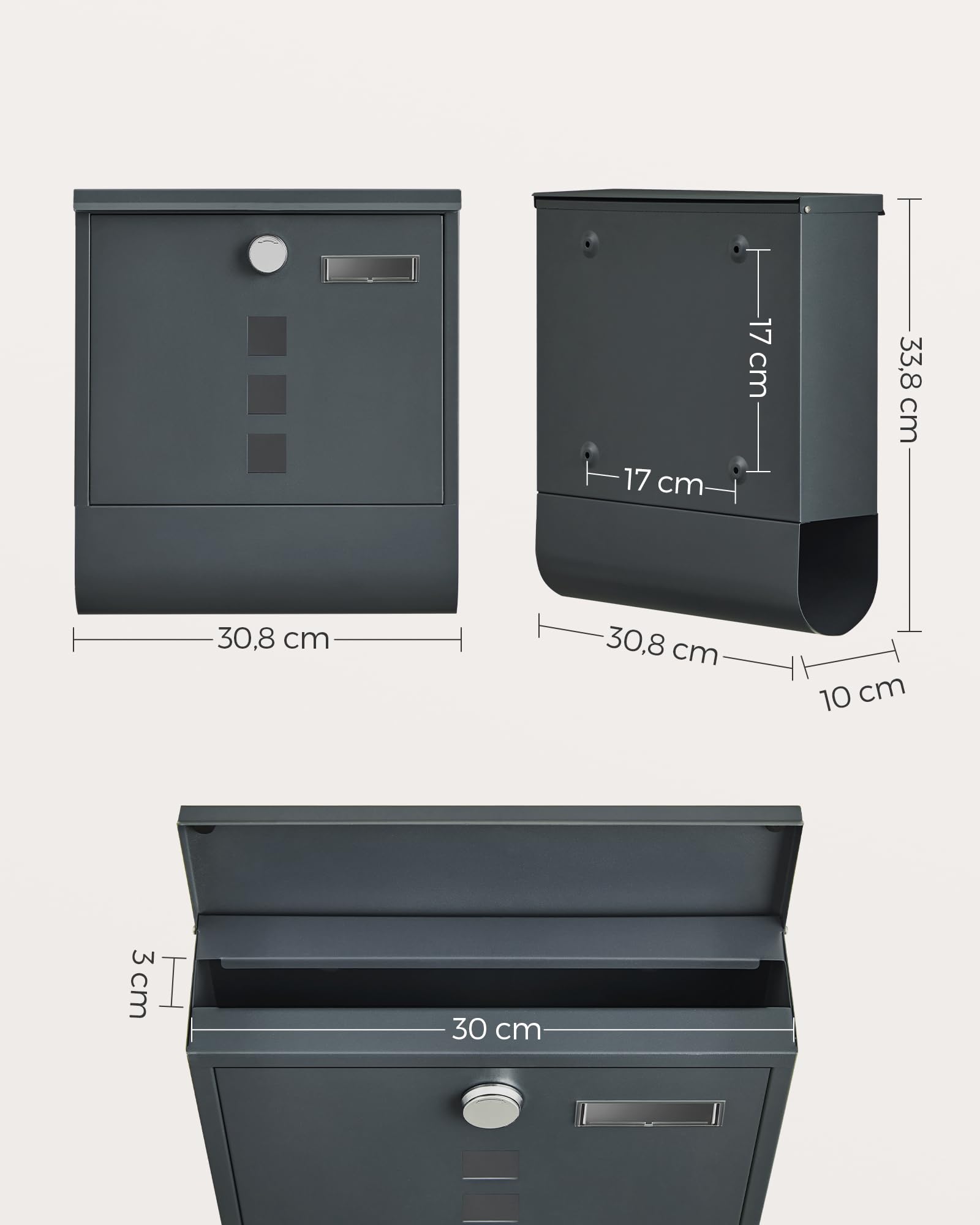 SONGMICS Cassetta Postale, Cassetta Posta, Serratura con Cilindro in Lega di Zinco e Copertura Girevole, Finestre, Targhetta, Portagiornali, 10 x 30,8 x 33,8 cm, Grigio Antracite GMB20AG