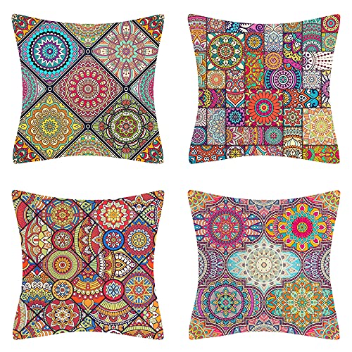 Housse Coussin Décoratif Mandala Modernes Modèle Housse de Coussin Bohème Coton et Lin Taie d'oreiller Carré avec Fermeture Glissière Invisible pour Canapé Chaise Maison Taie Coussin 40x40cm Lot de 4