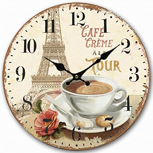 Telisha ZB089 Wooden Wall Clock Paris French Eiffel Tower Coffee Cup Clock Retro Vintage Large Clock Home Decorative Country Non -Ticking Silent Quiet 14 Inch Gift cover