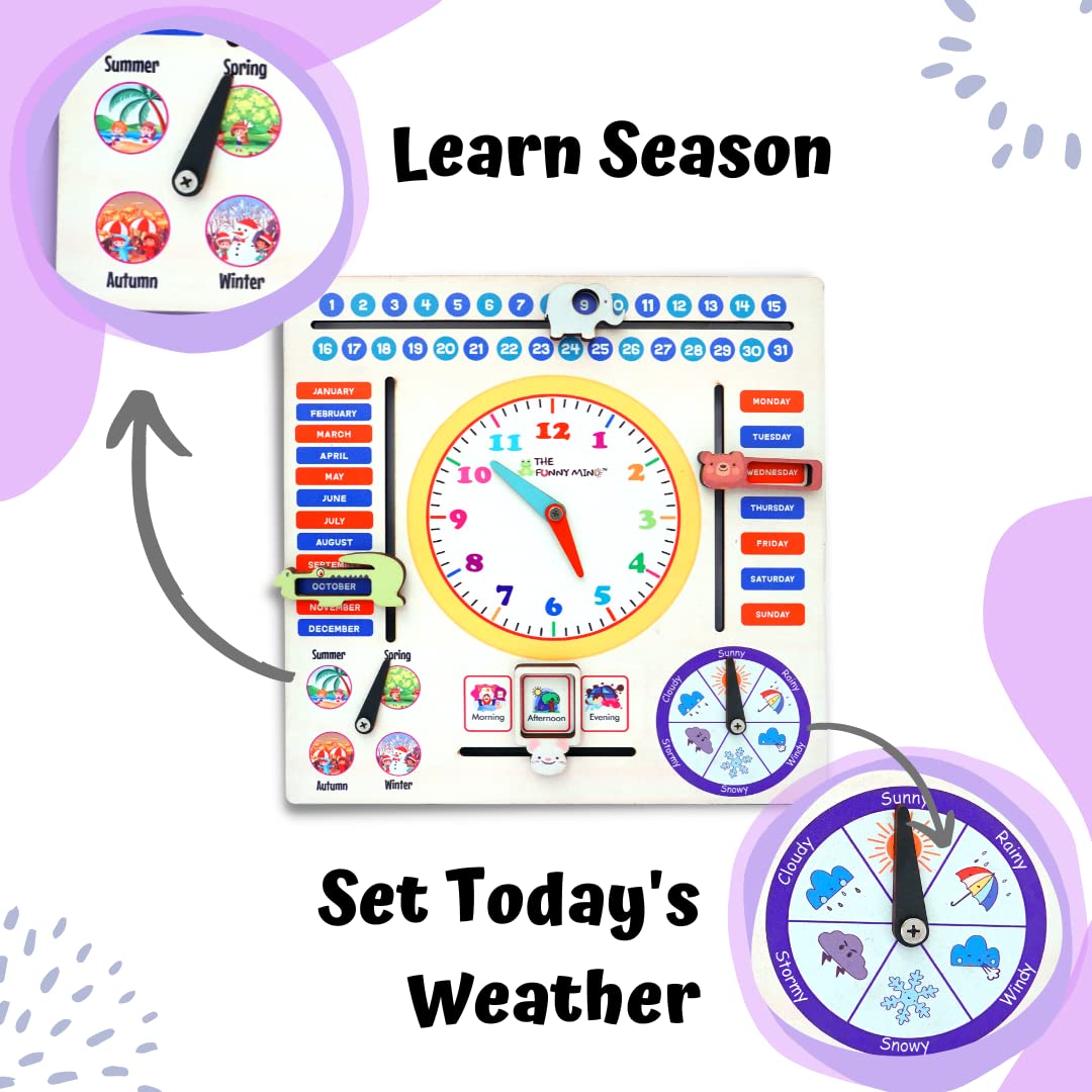 The Funny Mind 7 Activities Teaching Clock with Weather, Days, Months, Dates, Greetings, and Seasons Board Wooden Toy Game for Kids, Toddlers, and Babies | Preschool Educational Toy 36 X 36 Cm - Image 6 thumbnail
