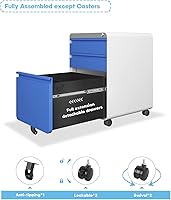 Vista 6 de Dripex Gabinete de 3 cajones, archivadores de metal con ruedas con cerradura y riel colgante para archivo A4LegalCarta, diseño antivuelco bajo