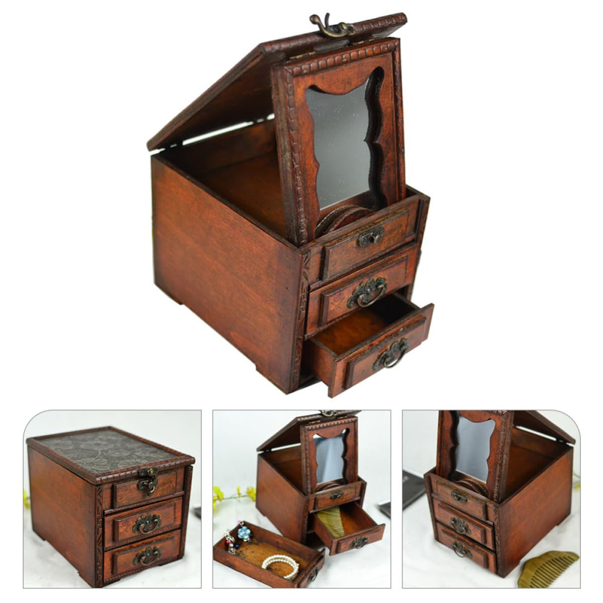 Portagioie Cinese Vintage in Legno con Specchio, Atmosfera Natalizia