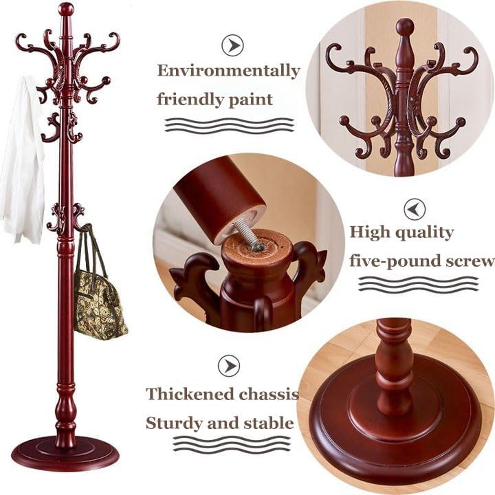 Wooden Coat Rack Stand,Coat Tree Freestanding Heavy Duty Freestanding with Hooks and Round Base,Vintage Hall Tree Standing Coat Rack for Clothes Hat Bags (White,17" W x 73" H)