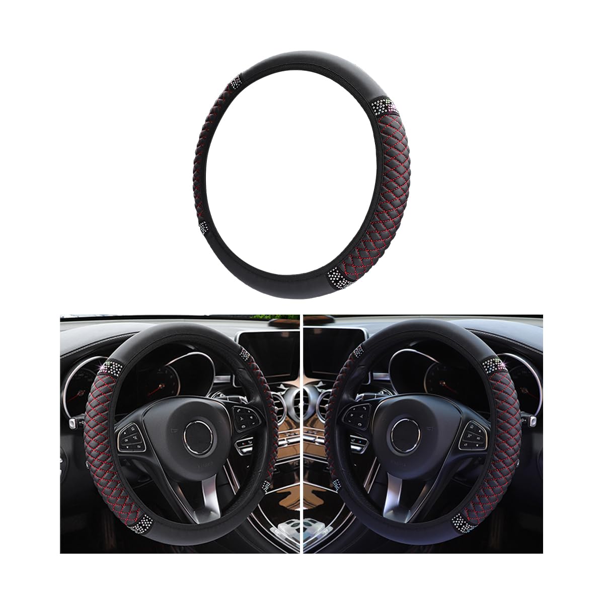 Osilly 15 Inch Rhinestone Leather Steering Wheel Cover, Black/Red