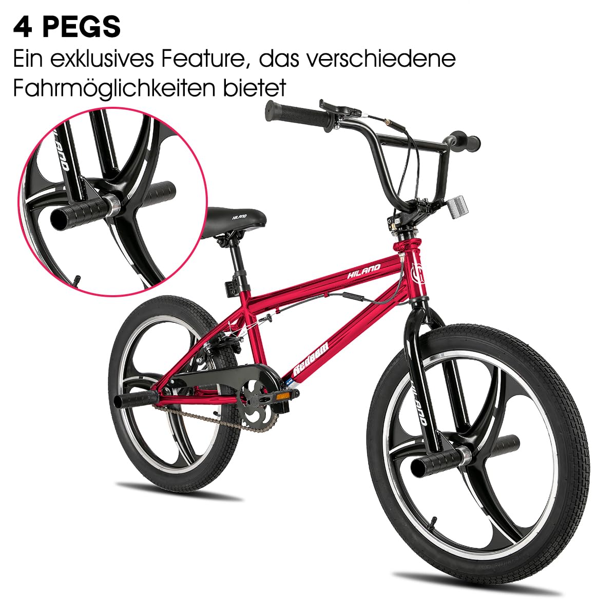 HILAND BMX Bicicletta per bambini da 20 pollici,3 razze, Per bambini e bambine di 7 anni e più，rotore a 361 gradi, freestyle,pedane single speed per bambini,rosso