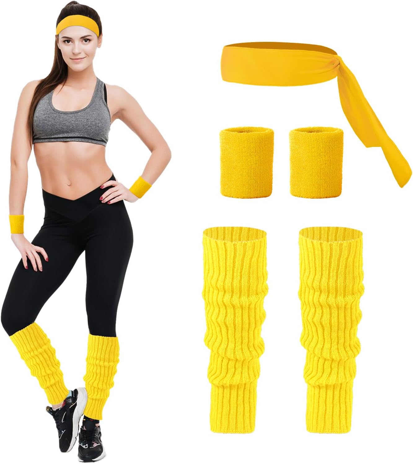 Junely 80s Accessories for Women Neon Leg Warmers Headband and Wristbands Set Knit Legwarmers for Ballet Dance Figure Skating